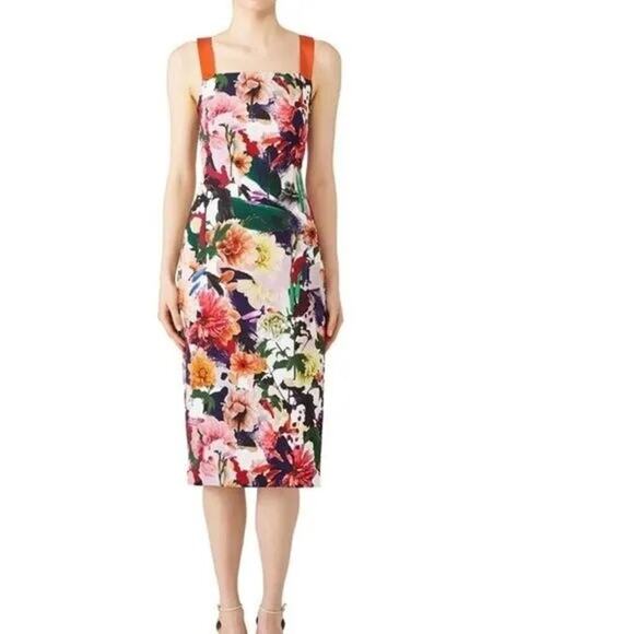 CUSHNIE et Ochs Rosalinda Multicolored Orange Strap Floral Print Sheath Dress 2 - Picture 1 of 11